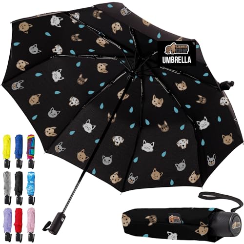 GORILLA GRIP Strong Stick Umbrella for Rain, Compact Travel One-Click Automatic Open Close,...