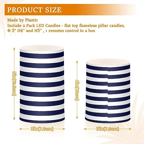 Image of YETTASBIN Navy Blue Stripes Flameless Candles with Remote Control and Timer, Adjustable Brightness Long Lasting Battery Operated LED Pillar Candles for Indoor Outdoor Party Home Decor, 2 Pack