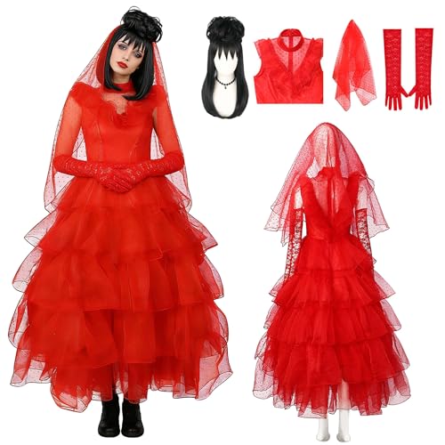 WEFONLLICOS 4PCS Women Lydia Deetz Costume Dress Beetle Bride Red Wedding Dress with Wig Veil Gloves Cosplay Gothic for Adult Halloween (Large)