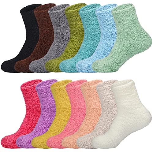 JaGely 14 Pairs Fuzzy Socks Bulk for Women Fluffy Cozy Slipper Warm Socks Nurse Gifts Plush Sleeping Gifts for Men Women Hospital Workers, Multicolor