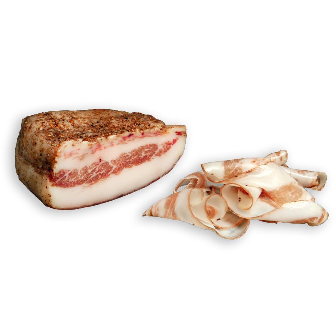 Guanciale. traditionell luftgetrockneter Backenspeck mit Pfeffer, Super für die Jause oder zum Kochen. Ideal für Carbonara, Jause & zum Kochen. Zarter Speck, handwerklich gereift. 300g Lebensmittel & Getränke