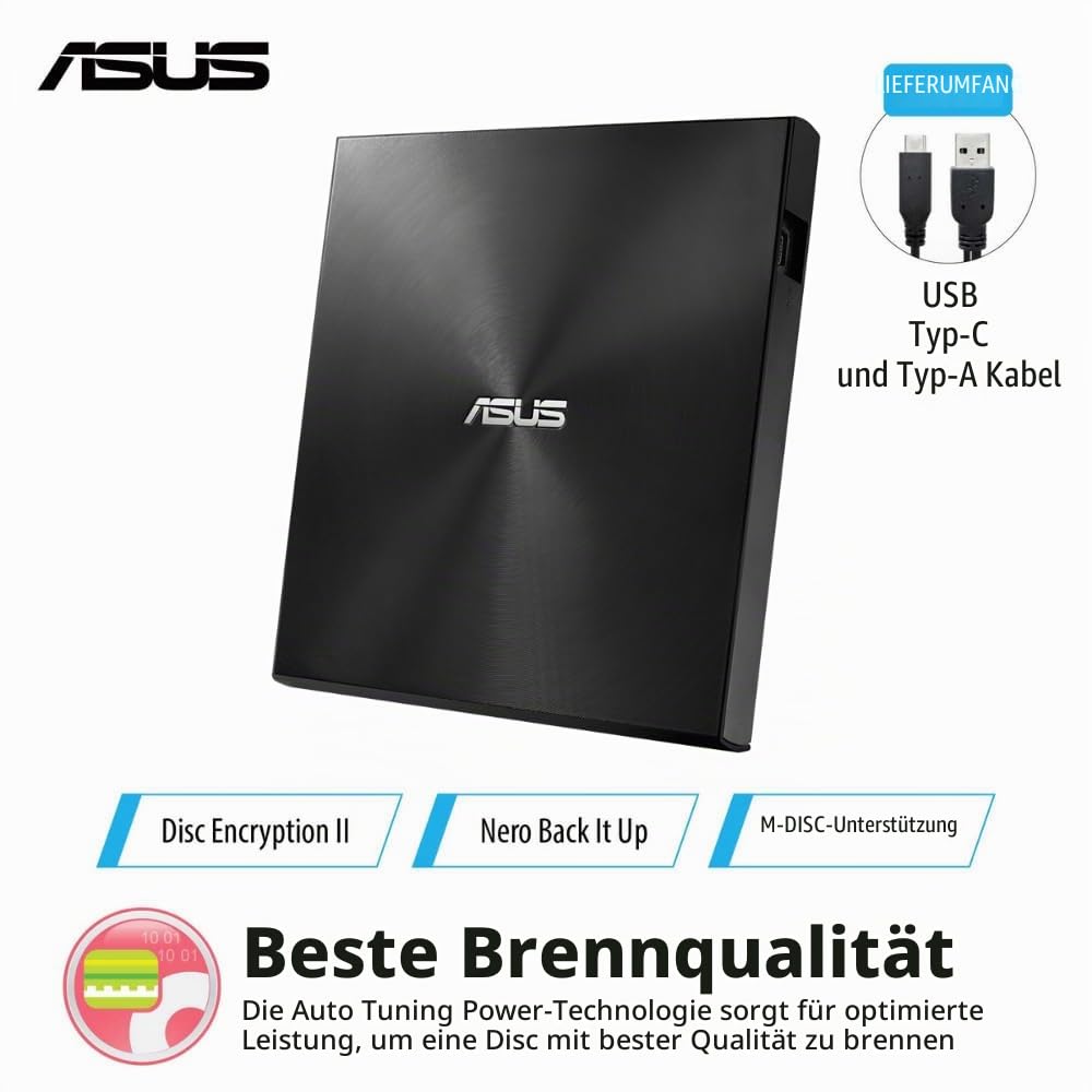 ASUS ZenDrive U9M Schwarz – USB 2.0/USB-C Slim Externer DVD-Brenner Optische Disc 8X Speed Re-Writer-Laufwerk mit M-Disc-Unterstützung, USB 2.0 Typ-A/Typ-C-Kompatibilität, Mac/Windows OS kompatibel