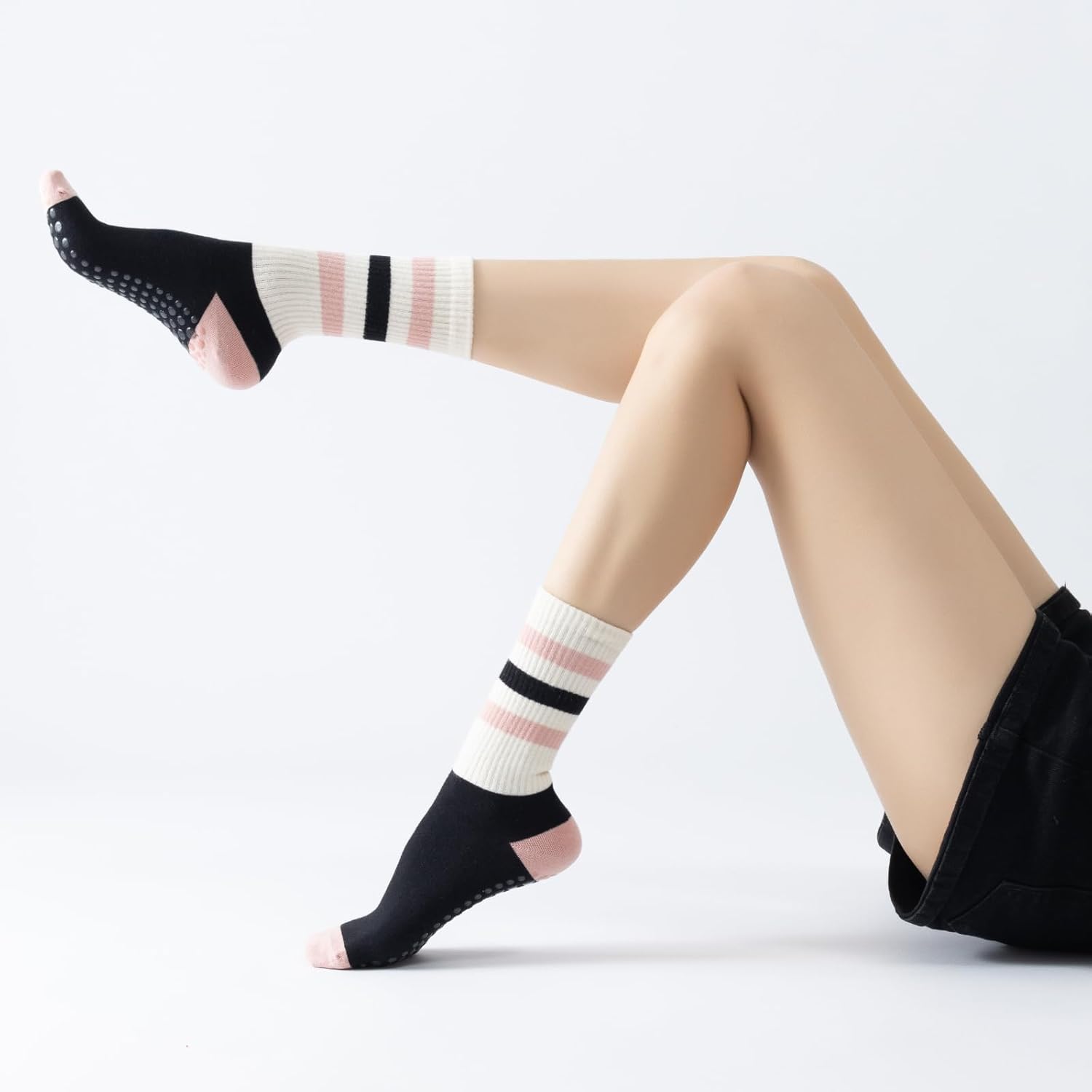 Yoga Pilates Socks with Grips for Women Non Slip Striped Cushioned Crew Socks for Barre Ballet Dance - Image 2