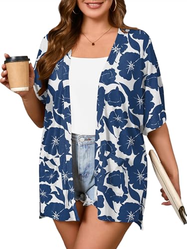 Image of AusLook Plus Size Cardigan for Women Short Sleeve Lightweight Open Front Shrug with Pockets for Dresses and Layering 1X-5X