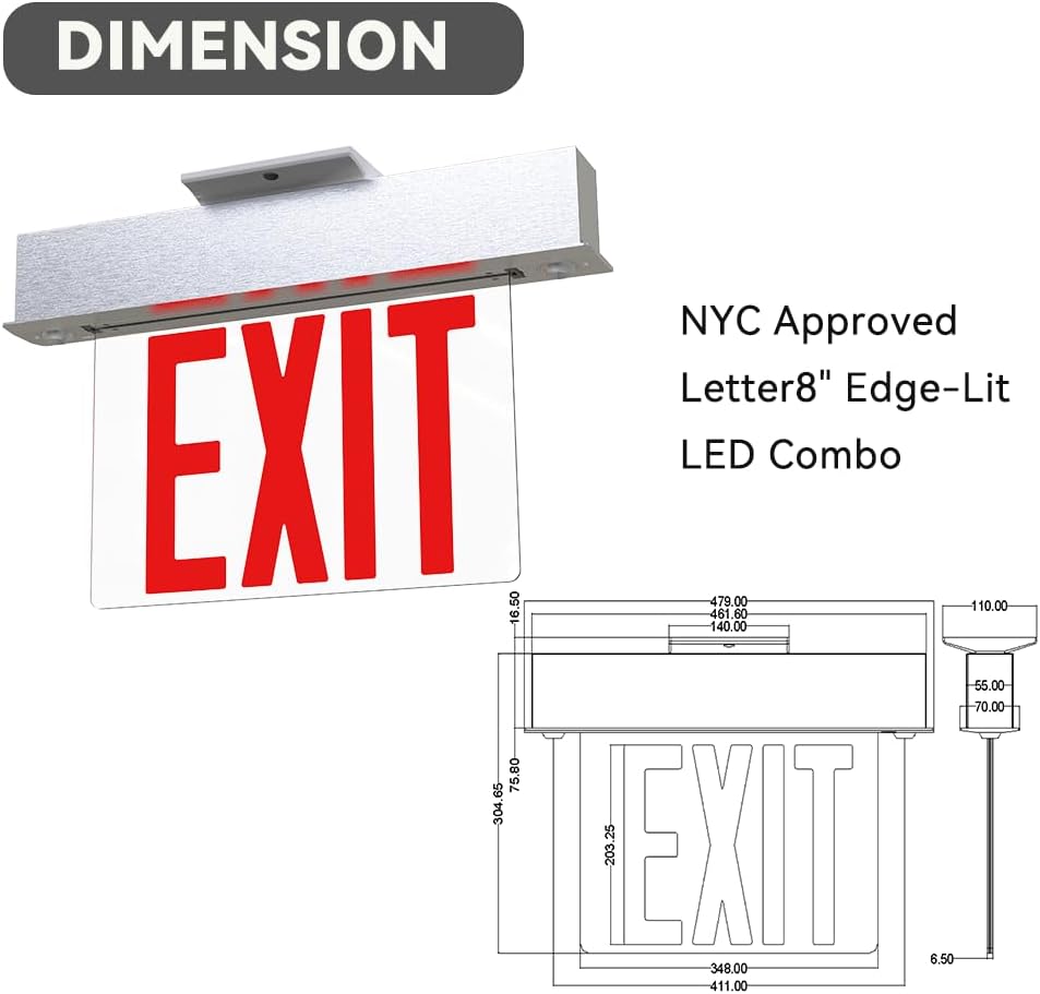NYC Approved Surface Mount Exit Sign & Emergency Light Combo, Double-Sided Acrylic Panel Exit Sign, Red, 8” Height Letter, 90 Min Backup, 250Lumen,Damp Location,120/277VAC, Adjustable Lamp Heads, UL Certified, Suitable for Office Buildings, Hotels, Hospitals