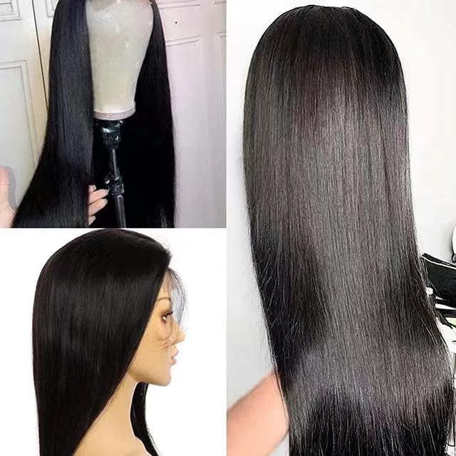 Miniatura 9 de AIGOLQUEEN Pelucas de cabello humano lacio de 26 pulgadas con encaje frontal de 13 x 4 pulgadas, prearrancadas con abuelitos, pelucas de cabello