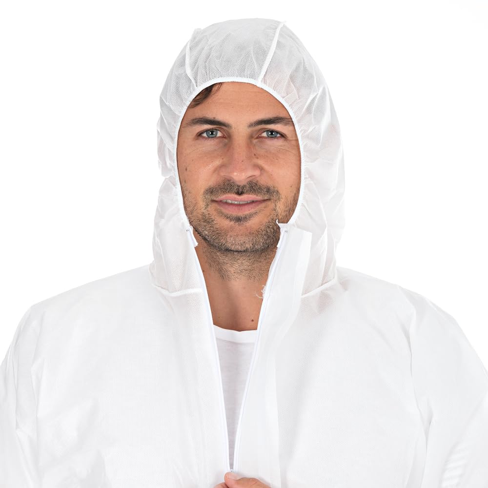 FRANZ MENSCH 50 Stück Hygostar Overalls Typ 5+6 | SMS, weiß, XXL, Einweg Overall, Hygienebekleidung, Chemikalienschutzanzug