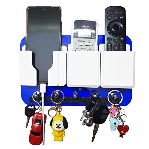 Image of Rainbow Dots ABS Remote Holder with Stainless Steel Key Hooks & Mobile Stand - Modern Wall Mount Organizer for Living Room, Entryway & Office (Blue White)