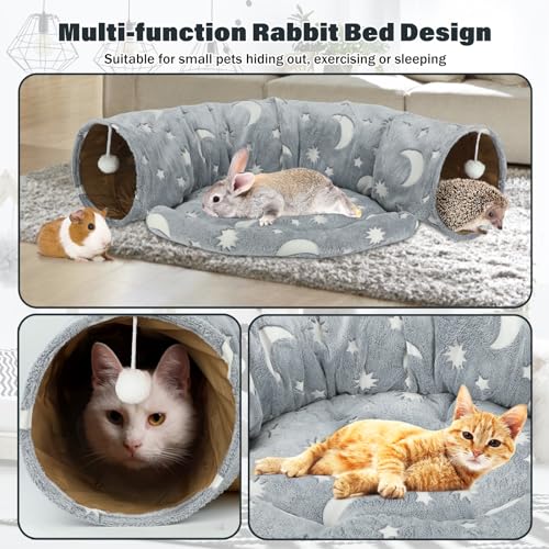 Image of BWOGUE Bunny Tunnel Bed, 2-in-1 Collapsible Tunnel Tubes Toys with Removable Mat Hideout for Cats Kittens Rabbits Guinea Pigs Kitty