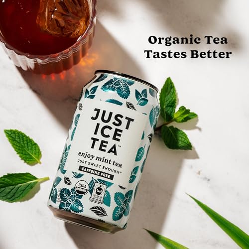 Image of Just Ice Tea, Enjoy Mint Iced Tea, 12-Pack (12oz Cans), Caffeine Free Herbal Tea, USDA Certified Organic, Real Brewed, Low Calorie, No Artificial Sweeteners, Fair Trade, Made in USA.