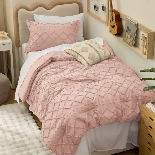 Image of Bedsure Twin XL Comforter Set - Coral Pink Comforter, Boho Tufted Distressed Vintage Bedding for Kids, 2 Pieces Farmhouse-Style Bed Set for All Seasons, Fluffy Soft Bedding with 1 Pillow Sham