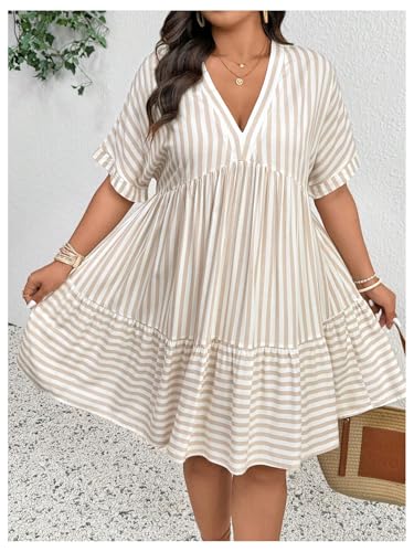 WDIRARA Women's Plus Size Striped V Neck Tshirts Dress Summer Ruffle Hem Flowy A Line Short Dresses3
