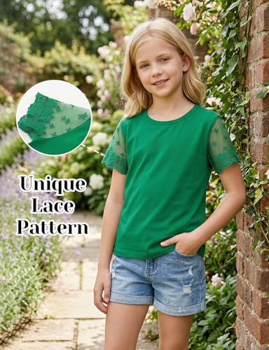 Image of Noomelfish Girls Lace Short Sleeve T-Shirts Kids Summer Cute Tops Blouse(5-12 Years)