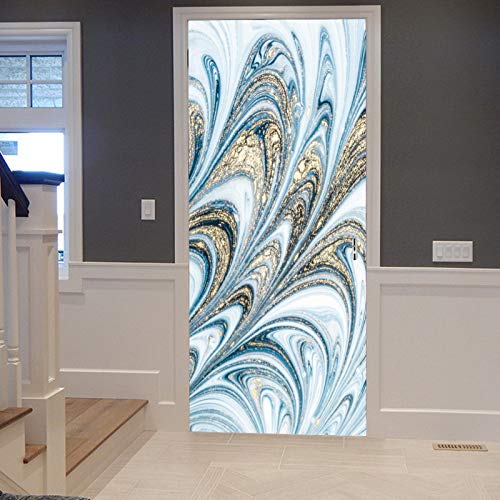 A.Monamour Sticker Porte Autocollant Poster de Porte 3D Texture Florale De Tourbillon De Marbre Doré Bleu Oriental Antique Vinyle Affiche de Porte Sticker...