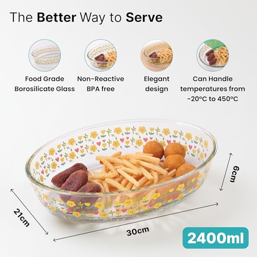 Image of The Better Home Zeno Oval (2.4 L) Borosilicate Glass Baking Tray For Microwave Oven | Baking Dish | Baking Pan | Bake & Serve Dish | Bakeware | Glass Bowl For Microwave | Dishwasher Safe (Printed)