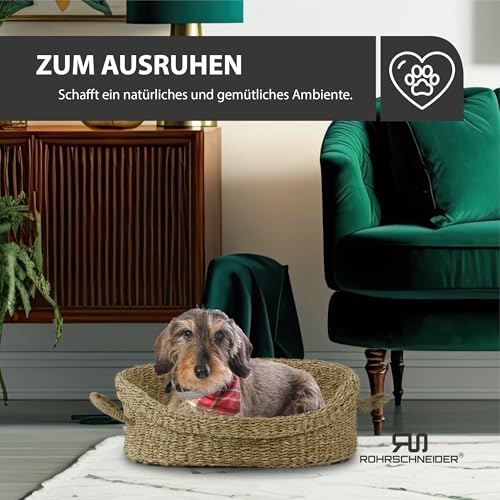 Rohrschneider Hundebett mit Henkel für kleine und mittelgroße Hunde | von Hand geflochtener Hundekorb aus Seegras mit verstärktem hohen Rand | Hundekissen mit waschbarem Bezug | Gr. 1 (51 x 43 cm)