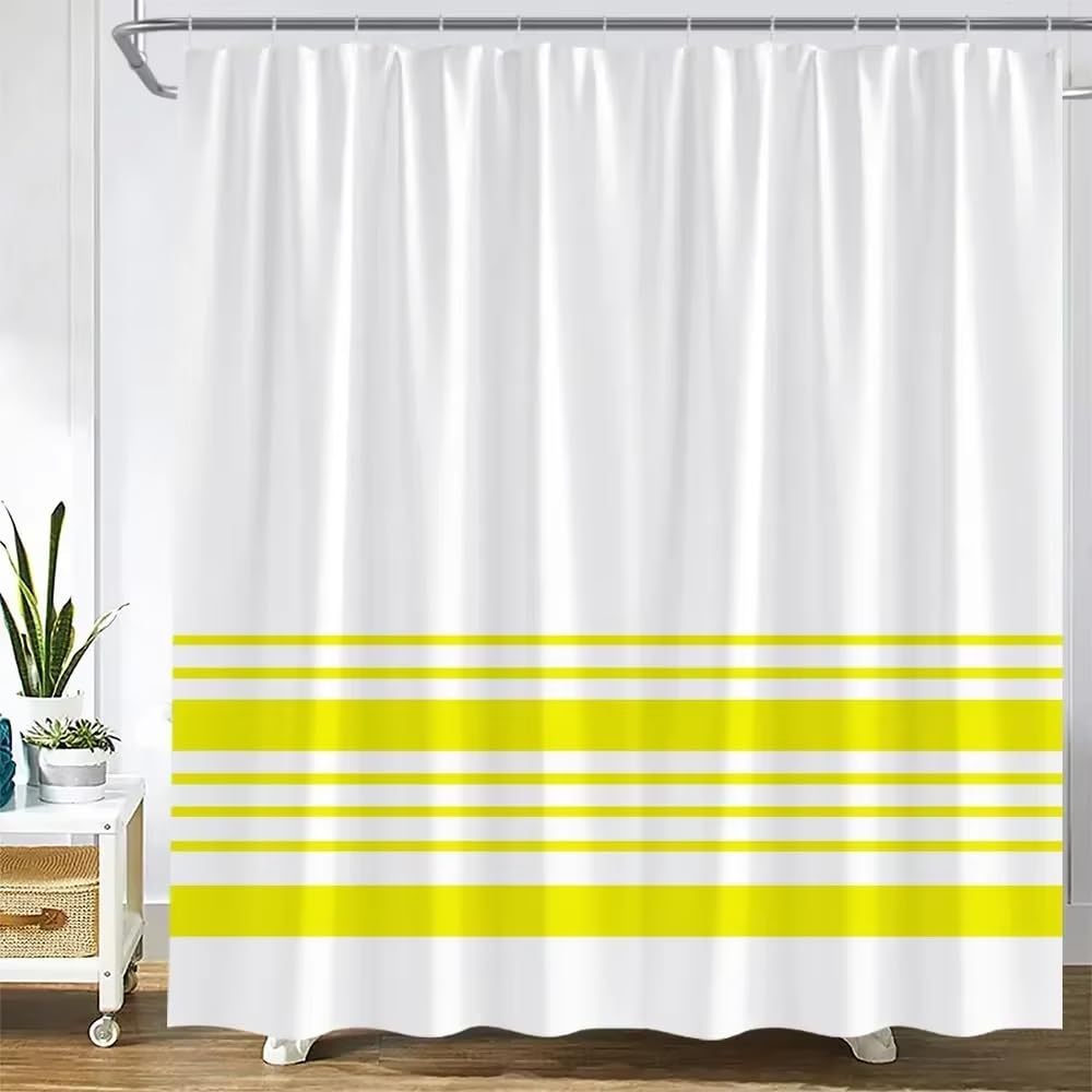 KELAIMI Simple Striped Print Shower Curtain - Modern Geometric Horizontal Stripe Bathroom Curtain with Hooks - Boho Line Bath Curtain with Hooks Yellow 180X180Cm