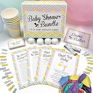 Baby Shower Bundle of Games and Decoration - premium kit for a memorable shower or fun gender reveal party - 7 hilarious games for up to 20 guests - unisex girls boys