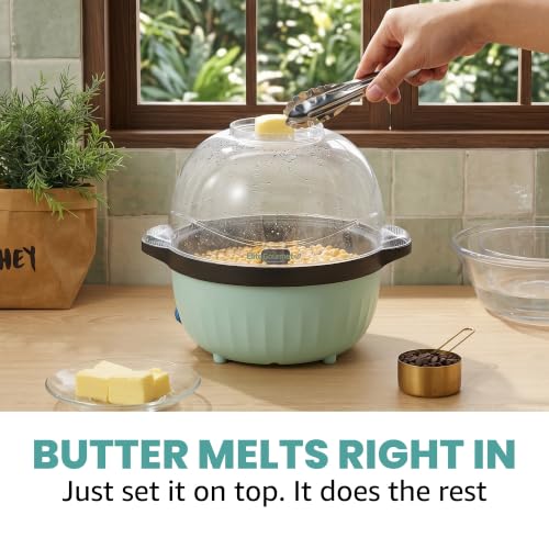 Image of Elite Gourmet 4.5Qt. Stirring Popcorn Maker with Ceramic Coated Plate, Stirring Rod, Clear Cover Doubles as Serving Bowl, Butter Melting Tray, Up to 18 Cups, Makes Fresh Buttery Popcorn, Mint