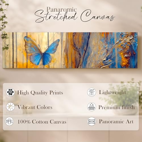 Image of Large Stretched Canvas Painting, Panel Wall Painting Abstract Blue Butterfly Luxury Paintings for Home Decoration, Living room, Bedroom and Office Decor (Blue, 12x46 Inch)