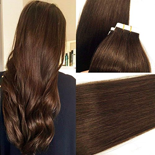 Misstar 18-24inches Dark Brown #2 Tape in Hair Extensions Remy Human Hair Straight Skin Weft Extensions 20pcs 50g Per Package 20"