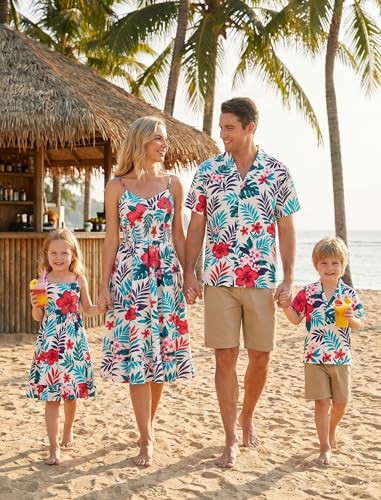 Image of AWIBMK Hawaiian Family Matching Outfits Mother Daughter Tropical Dresses Father Son Shirts for Beach Vacation Luau Party
