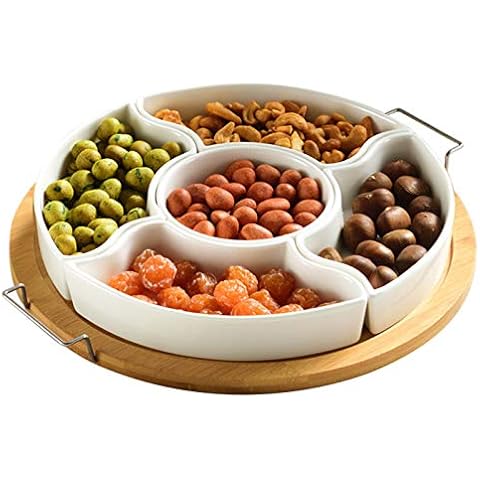yarlung 11 Inch Ceramic Divided Serving Dishes with Bamboo Platter, Appetizer Tray 5 Removable Snacks Bowls for Candy and Nut, Chips and Dips, No Lid Included Cover
