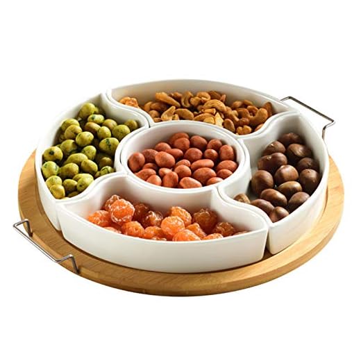 yarlung 10 Inch Ceramic Divided Serving Dishes with Bamboo Platter, Appetizer Tray 5 Removable Snacks Bowls for Candy and Nut, Chips and Dips, No Lid Included
