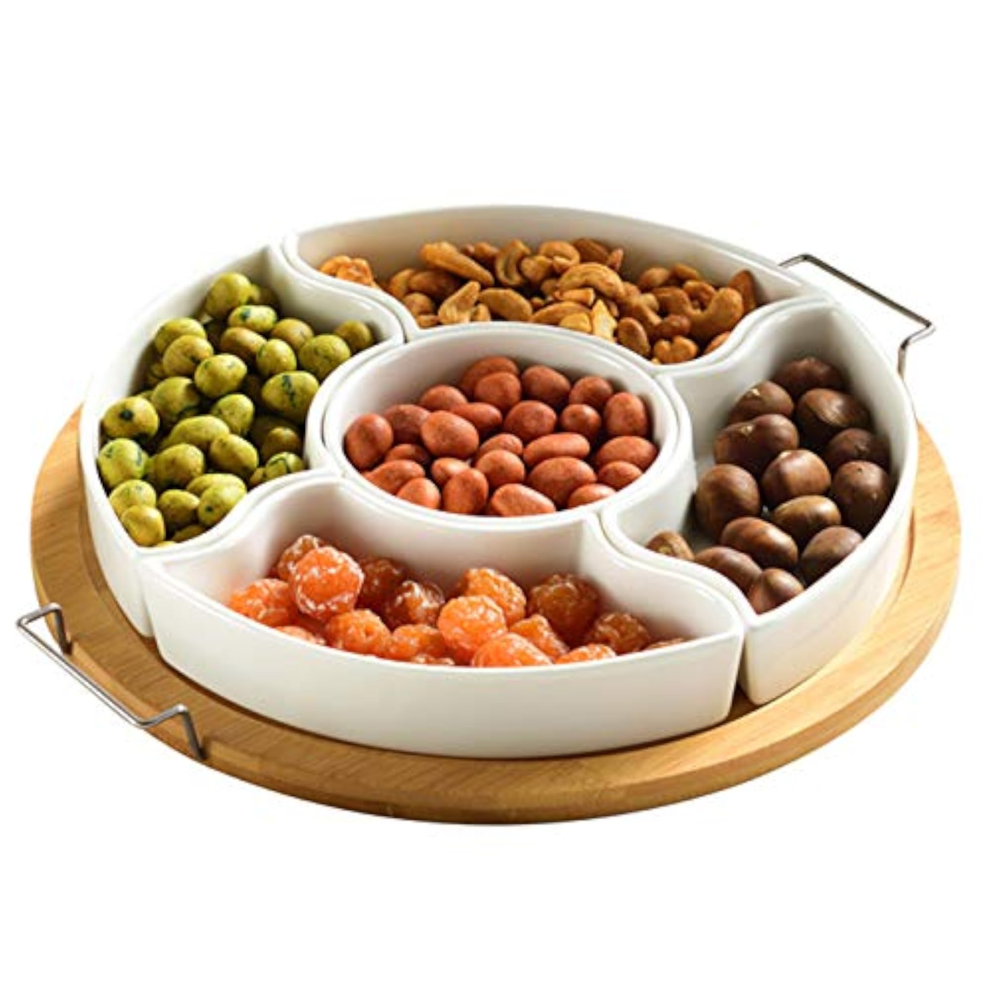 Ceramic Divided Serving Dishes with Bamboo Platter, Appetizer Tray