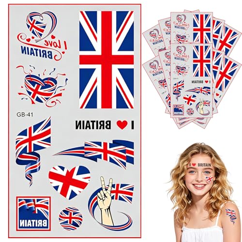 10 Sheets Union Jack Flag Temporary Tattoo for World Cup Football 2026 Decoration Great Britain British Flag Tattoo Transfer Stickers UK Patriotic Tattoos for National Day Union Jack Party Decorations