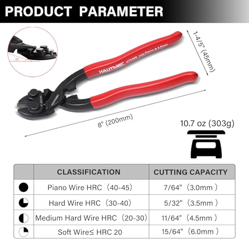 Image of HAUTMEC 8 Inch Mini Bolt Cutters, High Leverage Diagonal Cutting Pliers with 20 Angled Head, CRV Steel Nail Puller Pliers Tool for Pulling or Cutting Nails, Small Bolts and Wires, HT0468