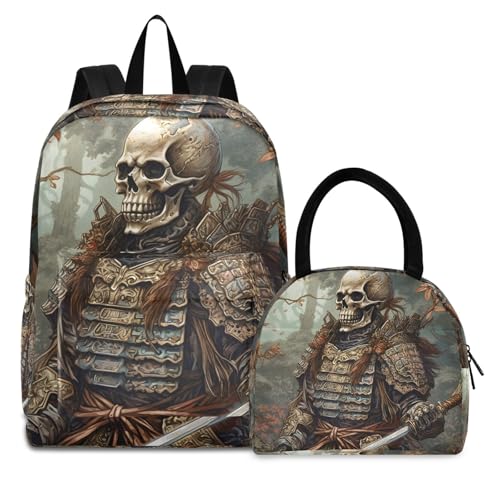 Backpack Lunch Box Set Large Capacity Travel Backpacks and Insulated Lunch Bag for Commute Hiking Picnic Japanese Skeleton Warrior Print