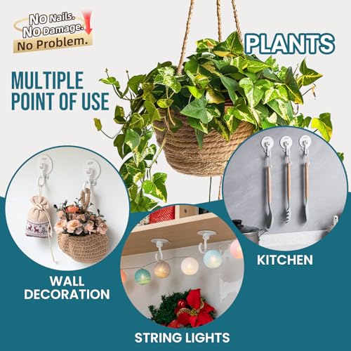 Image of TAILI Adhesive Ceiling Hooks for Hanging Plants, Removable 6 Pack White | Heavy Duty Hold Up to 2.6 lbs, No-Drill Sticky Wall Hooks, Hanging Christmas Lights Garland, Renter Friendly