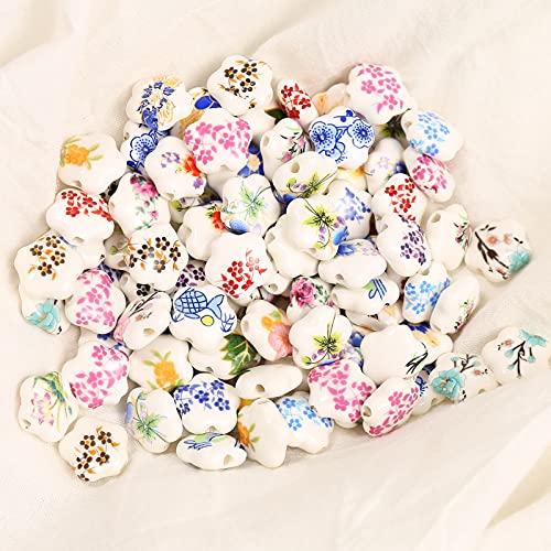HERZWILD 120Pcs Ceramic Beads Blue Printed Flower Round Chinese Porcelain Beads for DIY Jewellery Arts Crafts Necklace Bangle 8mm