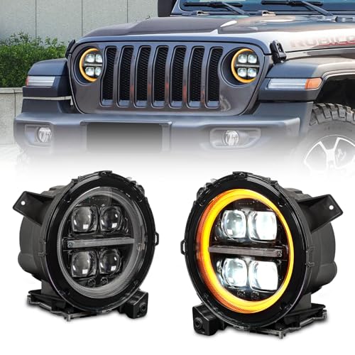 Archaic Headlights Assembly for Jeep Wrangler/Gladiator 2018-2025, 4 Projector 9 Inch Round Head Lamp Assemblies for JL/JLU/JT, Head Light with Sequential turn signal, Plug&Play, Pair