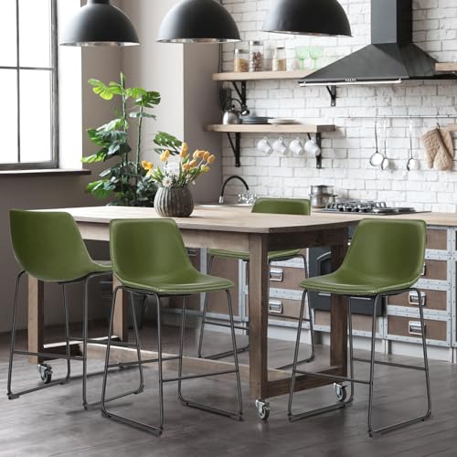 Image of DUMOS Bar Stools Set of 4, Faux Leather Counter Height Bar Chairs for Pub | 26 Inch Barstools with Back, Metal Legs, Footrest, Armless, Modern, Kitchen Island, Living Room, Cafe, Green
