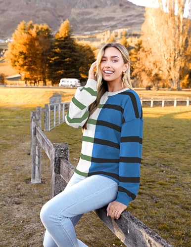 Zeagoo Womens Striped Oversized Sweater 2025 Crew Neck Long Sleeve Knitted Color Block Casual Loose Pullover Top3