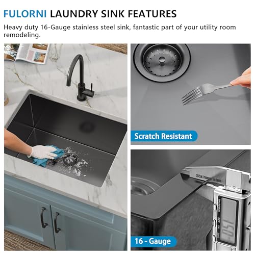 Image of 24 inchx18 inch Undermount Laundry Utility Sink - Gunmetal Black NANO-PVD, 16 Gauge 304 Stainless Steel, 12 Inch Deep Single Bowl Under Counter Basin for Laundry Room, RV or Utility Use