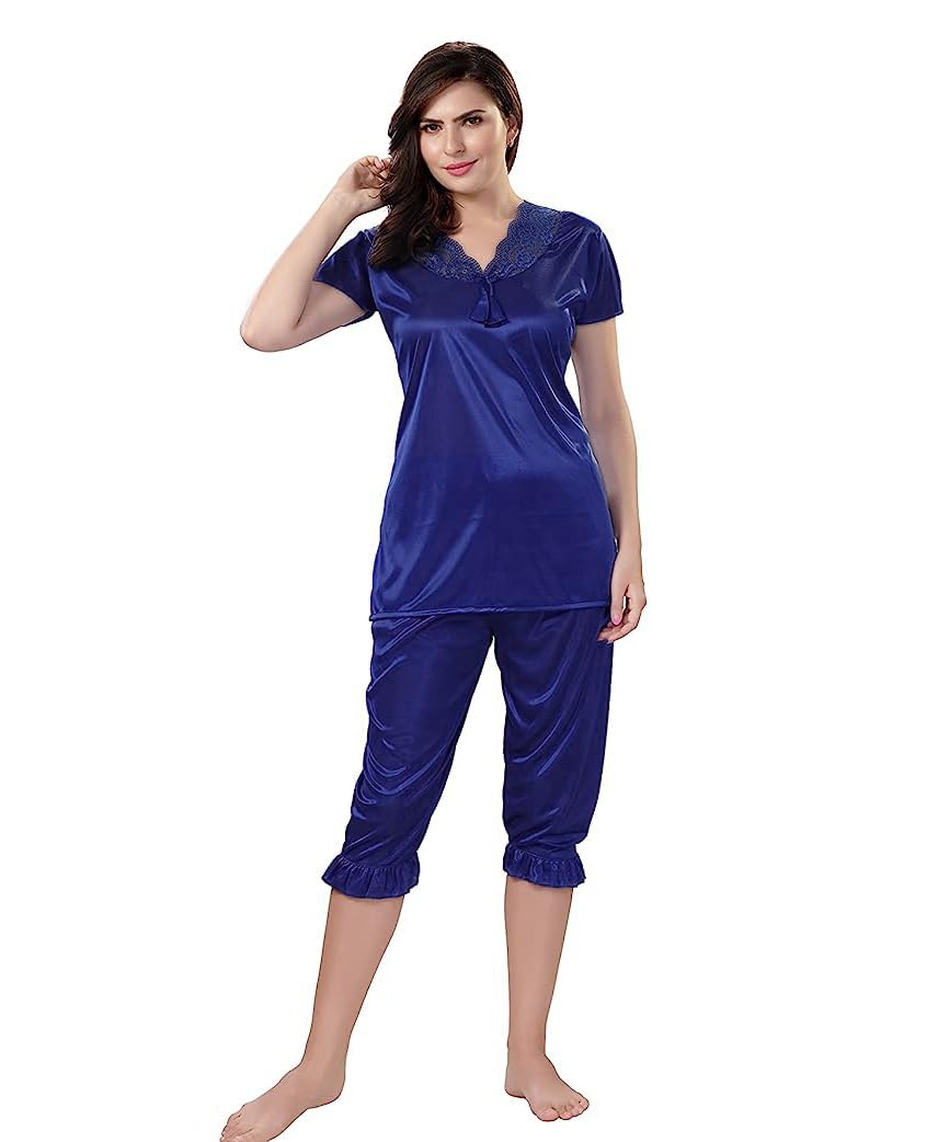 nightdoll Women's Soft Satin Top & Capri Night Suit Set-picture-53