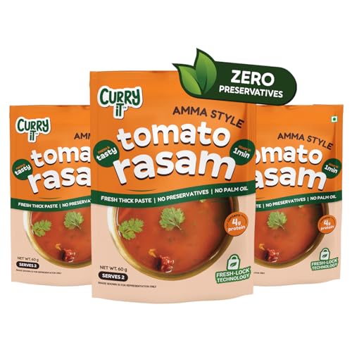 CURRYiT Amma Style Tomato Rasam | South Indian Traditional Masala Mix | Authentic Spiced Soup | Ready To Eat Rasam with More Flavour | Just Add Hot Water | No Preservatives 60g (Pack of 3)