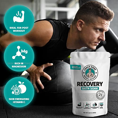 Coach Soak: Recovery Bath Soak - Absorbs Faster Than Epsom Salts For Soaking For Pain – Rejuvenating Post Workout Magnesium Flakes - 21 Minerals, Essential Oils & Bath Salts (Cooling Peppermint) #TOP3