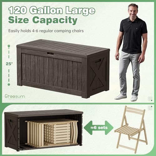 Image of Greesum Outdoor Storage Box 120 Gallon Storage Bin with Lid for Patio Furniture, Garden Tools, Pool Supplies, Lockable, Waterproof and UV Resistant, Dark Brown