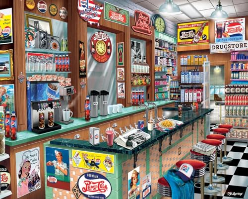 White Mountain 1000 Piece Jigsaw Puzzle Retro Soda Shop Diner Puzzles with Large Pieces for Adults and Family 24'x30' - Pepsi Soda Fountain