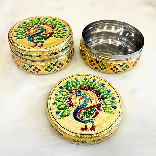 Image of NAVRANG Stainless Steel Container Box Meenakari Storage Box /Chapati Box /Roti Dabba Peacock Design (Pack of 2, Golden)