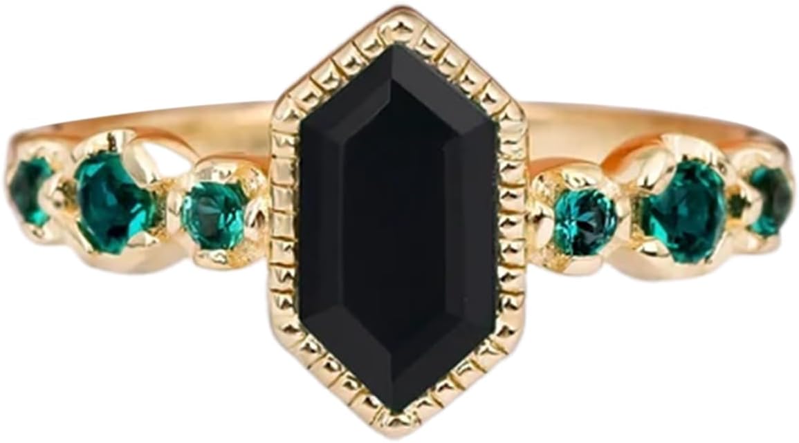 10k/14k/18k Real Gold Personal Black Onyx Ring for Women, 925 Sterling Silver 1-3 Carat Hexagonal Cut Black Onyx Moissanite Promise Ring for Wedding Anniversary Custom Engraving