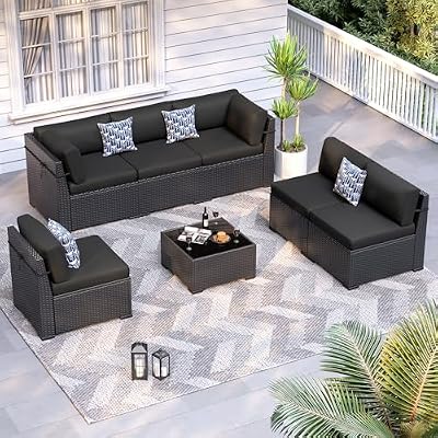 VONZOY Patio Furniture Sets, 7-Piece Outdoor Patio Furniture with Thick Cushions,Coffee Table Outdoor All-Weather Conversation Set Sectional Sofa for Backyard, Poolside, Garden(Black)
