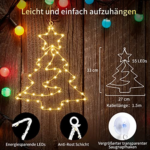 Therlan Weihnachtsdeko Fenster Beleuchtet, 3 Stück 55 LEDs Fensterbilder Baum Batterie Betrieben Mit Timer und Fernbedienung 8 Lichtmodi, LED Fensterdeko Weihnachten Beleuchtet Warmweißen