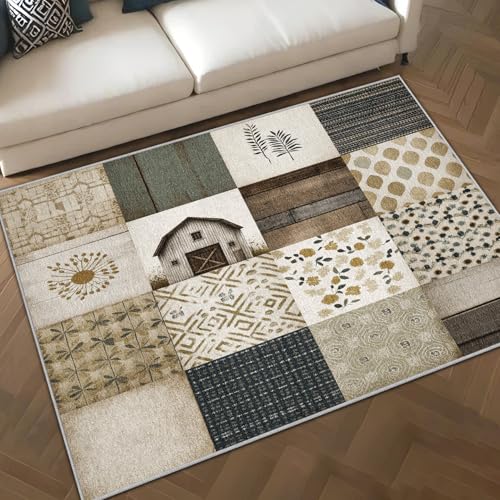 Patchwork Area Rug 5x7 for Living Room, Rustic Wooden Barn