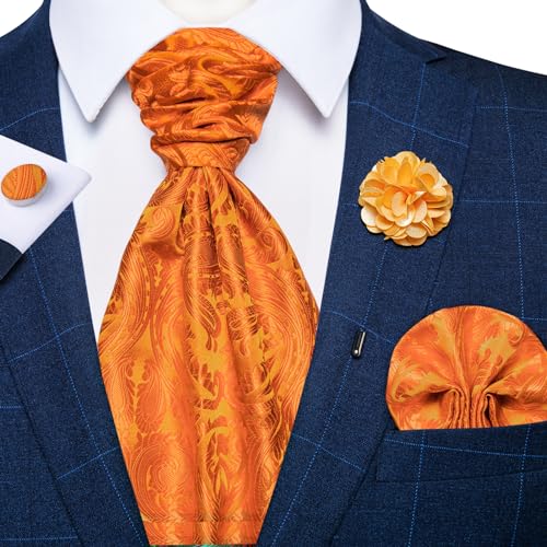 Image of DiBanGu Mens Silk Ascot Ties Paisley Jacquard Woven Cravat and Pocket Square Cufflinks with Lapel Pin for Business Wedding
