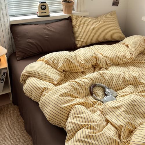 Image of Striped Duvet Cover Full Size Brown Stripes Yellow Bedding Set 3pcs Retro Vertical Ticking Stripes Soft Lightweight Microfiber Comforter Cover Set with Zipper Closure and 2 Pillowcases